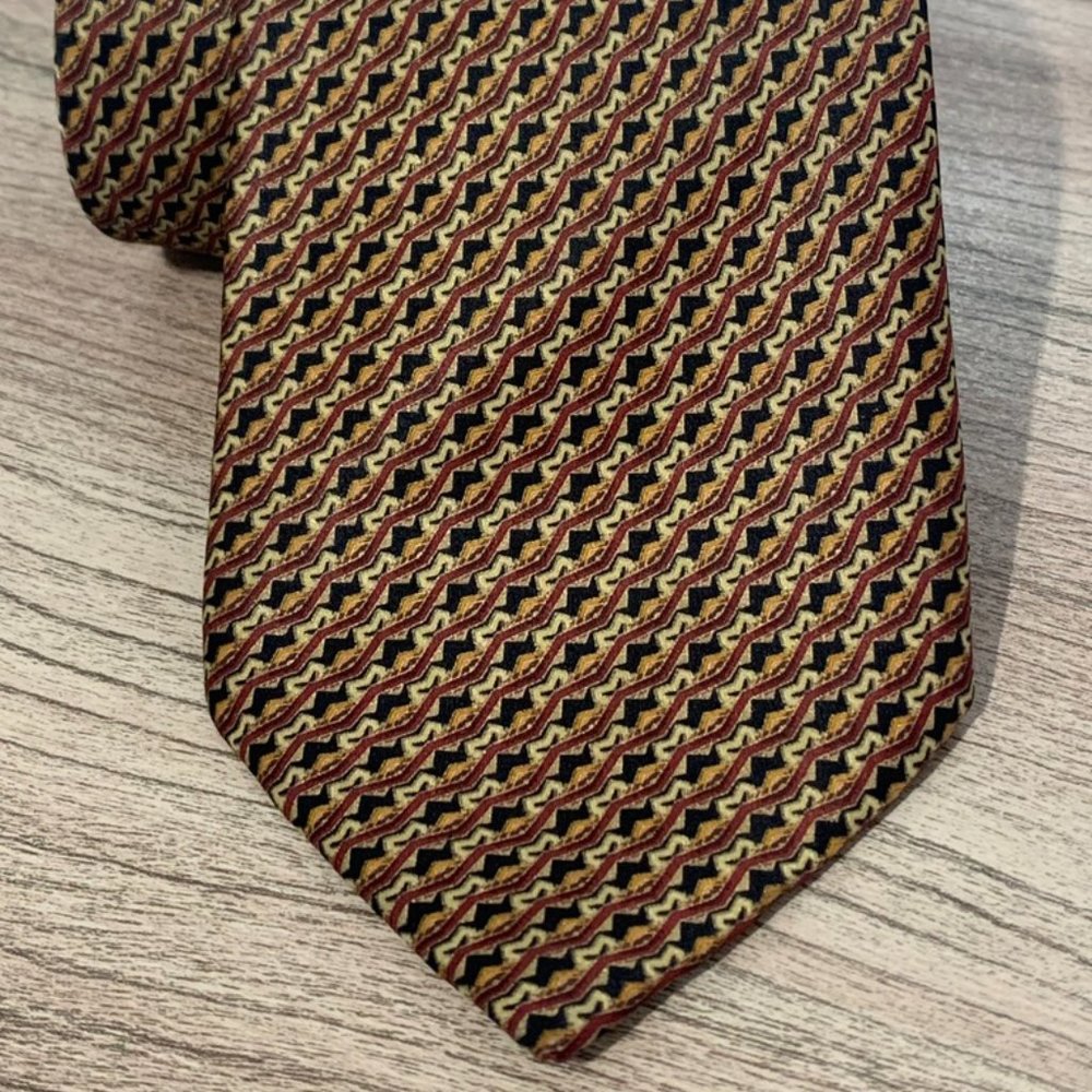 BRIONI Black Gold Burgundy Geometric Silk Neck Tie